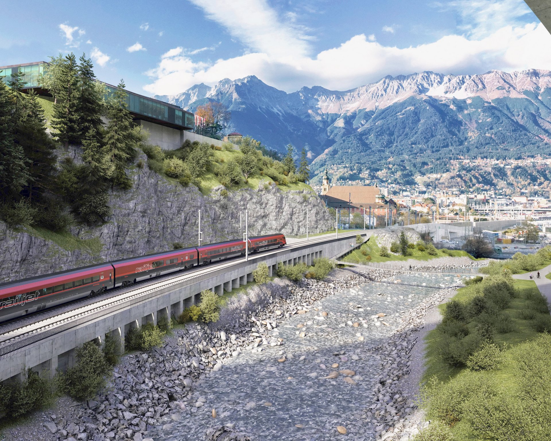 Blick aus der Sillschlucht Richtung Norden / Stadt Innsbruck und Museum Tirol Panorama (Credits: BBT SE)